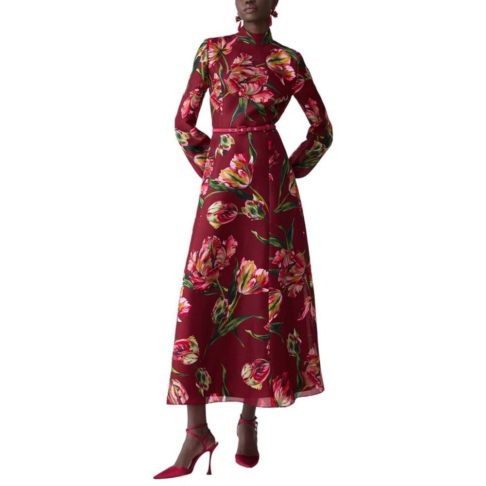 Carolina Herrera Womens  Mock Neck Silk Midi Dress